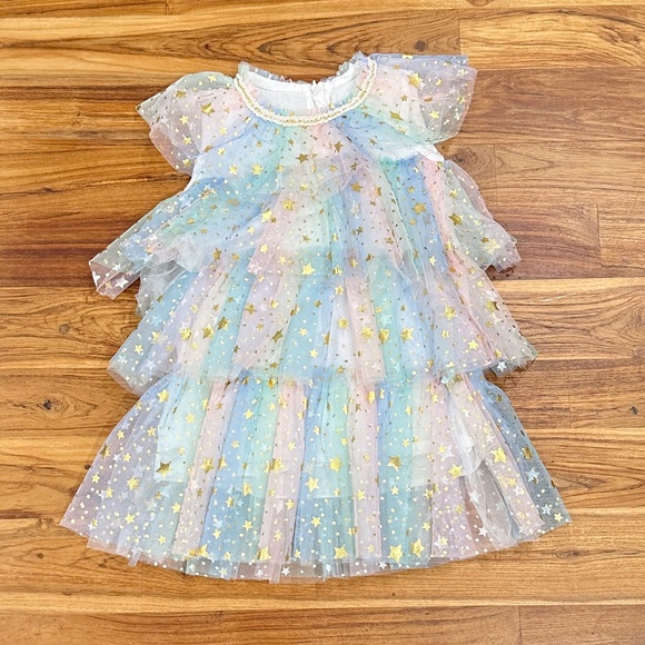 Kids Rainbow Metallic Star Layered Tulle Dress Size 3T - Picture 1 of 7